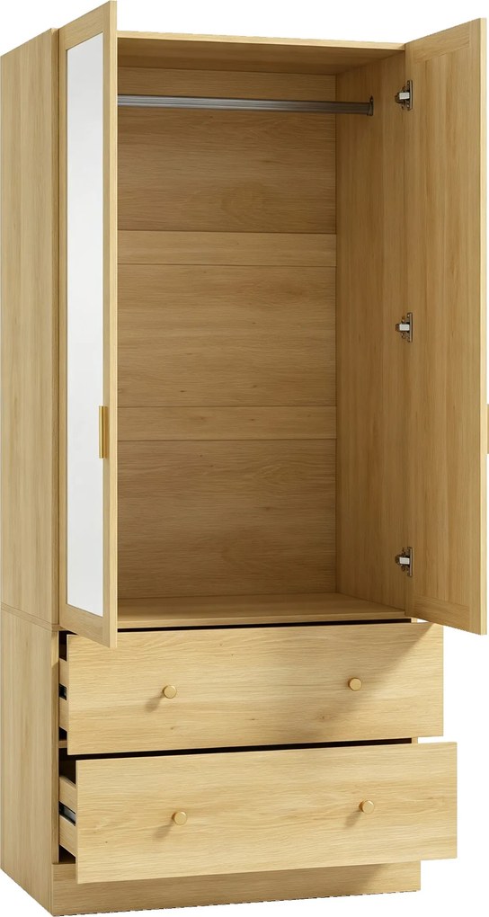 HOMCOM Roupeiro quarto com espelho, 2 portas, 2 gavetas e varão de suspensão, 80 x 50 x 180 cm, carvalho | Aosom Portugal