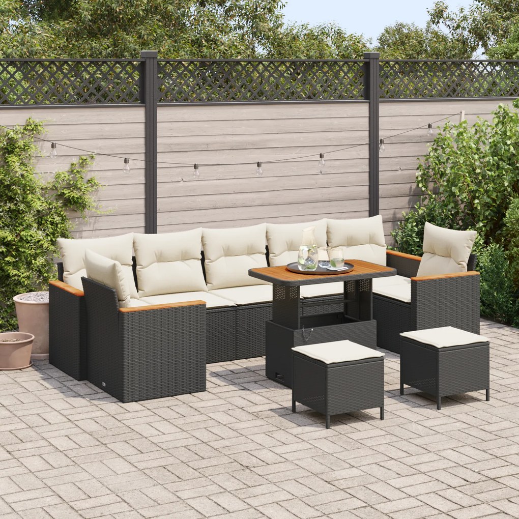 vidaXL Conjunto de Sofás de 10 Peças com Almofadas Preto Rattan Polimérico Acácia