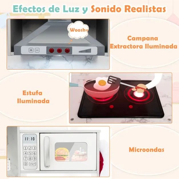 Cozinha brincar de madeira com luzes e sons realistas, dispensador de água e máquina de lavar para crianças a partir dos 3 anos cinzento