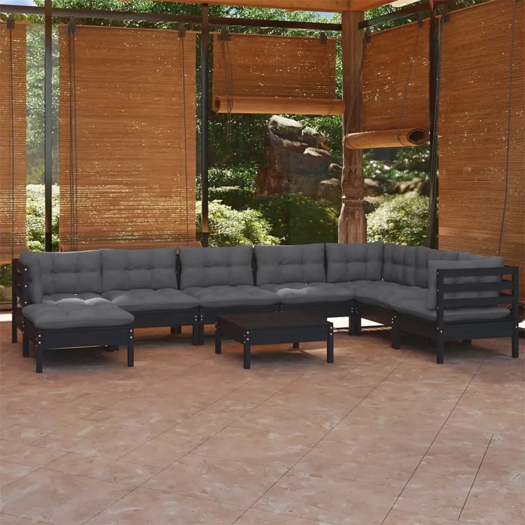 vidaXL 9 pcs conjunto lounge jardim c/ almofadões pinho maciço preto