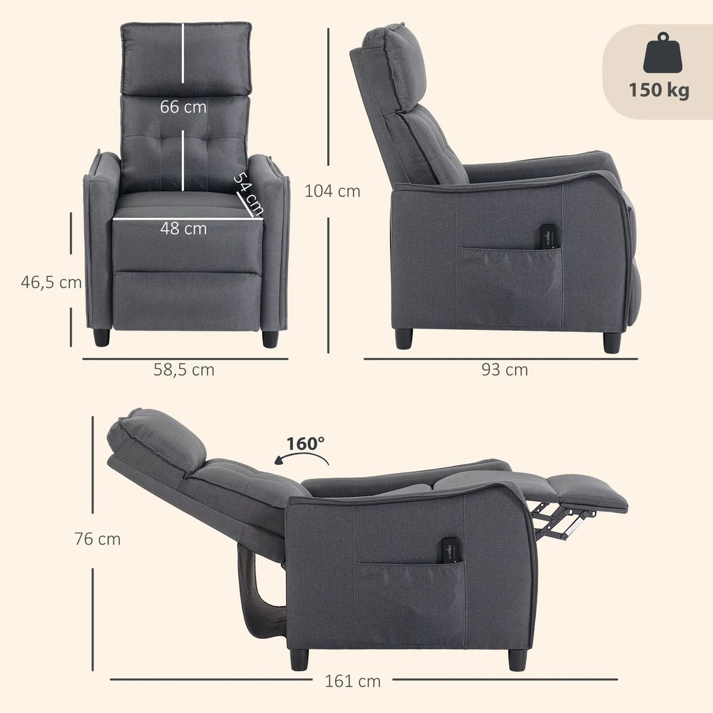 Poltrona Relax com Massagem Vibratória, Aparência de Linho, reclinável com Almofada de Molas, Apoio para Pés, Cinza