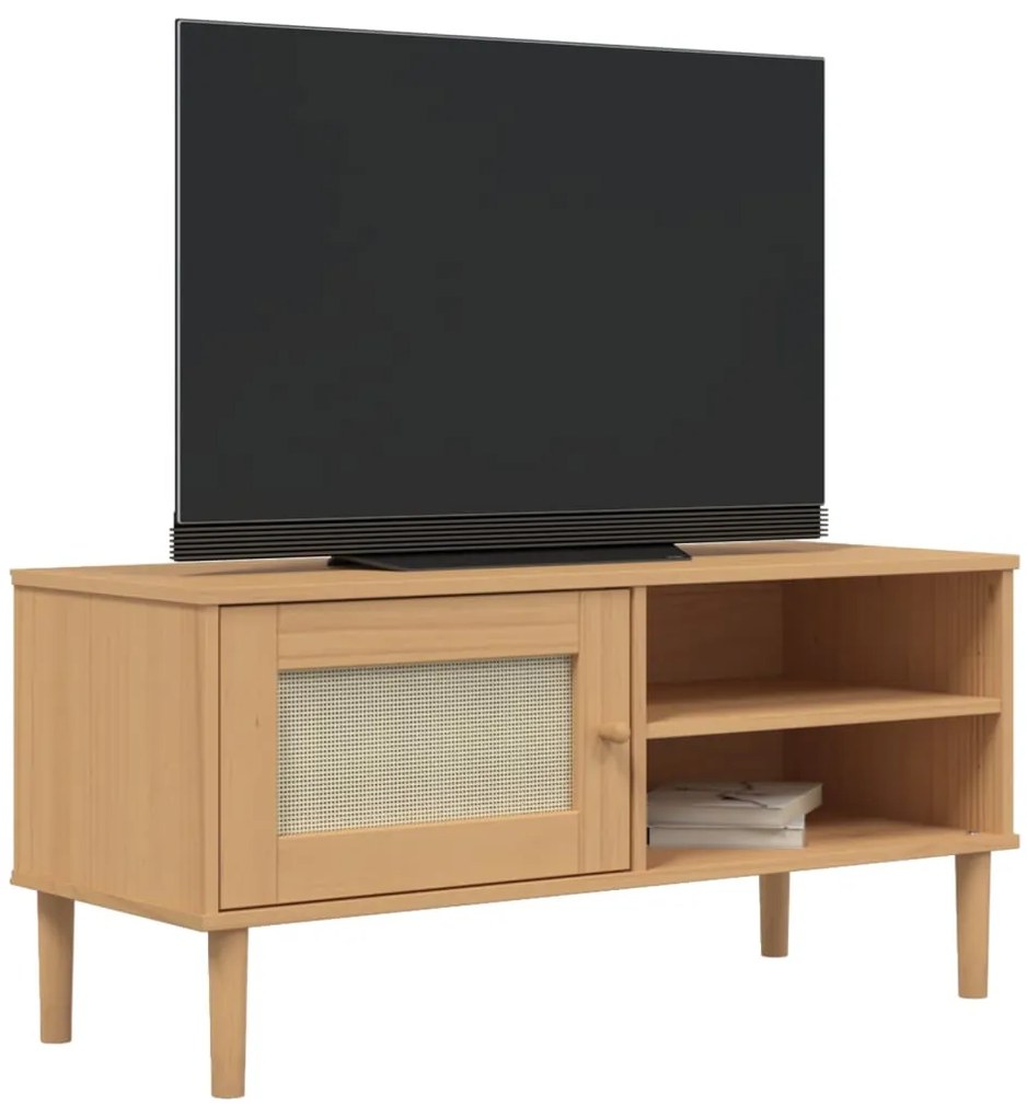 Móvel de TV SENJA aspeto vime 106x40x49cm pinho maciço castanho