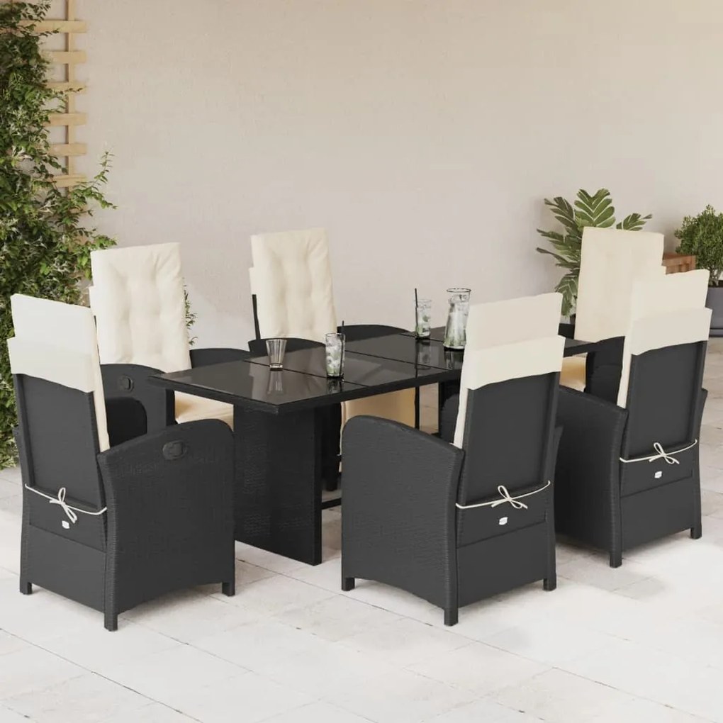 vidaXL 7 pcs conjunto de jantar p/ jardim c/ almofadões vime PE preto