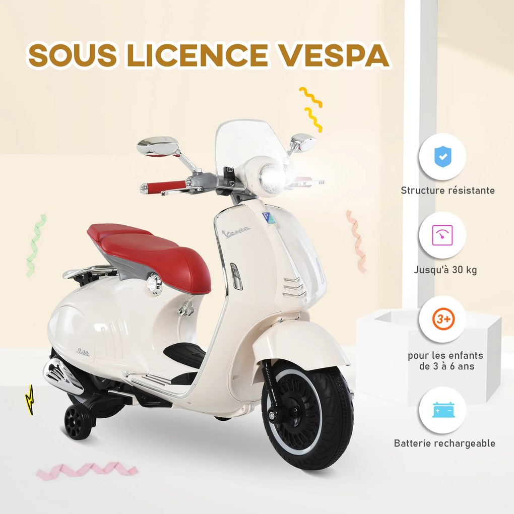Scooter Vespa elétrica para crianças, 6 V, 108 L x 49 l x 75 H cm, música, buzina, 2 rodas auxiliares, 3-6 anos, Branca