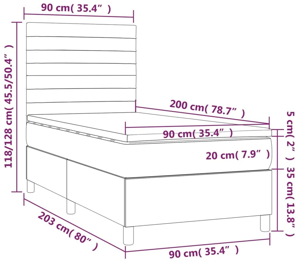 Cama box spring c/ colchão e LED 90x200 cm tecido azul