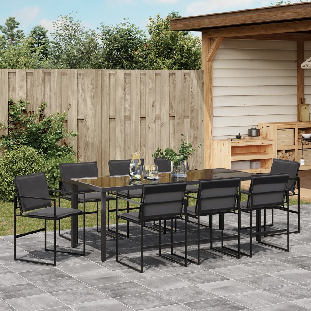 Conjunto de Jantar de 9 Peças para Jardim com Almofadas Preto Textilen