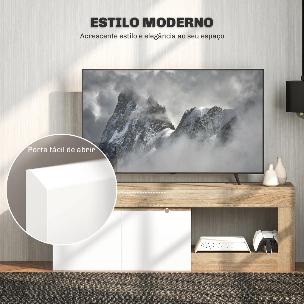 Móvel de TV com 2 Portas Prateleira Aberta Móvel de TV Televisóres de 60 Polegadas 140x40x48 cm Branco e Madeira