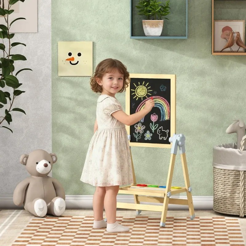Cavalete Infantil com Altura e Ângulo Ajustáveis Dupla Face Quadro Branco Magnético e de Giz 48,5x46,5x70-97 cm Madeira