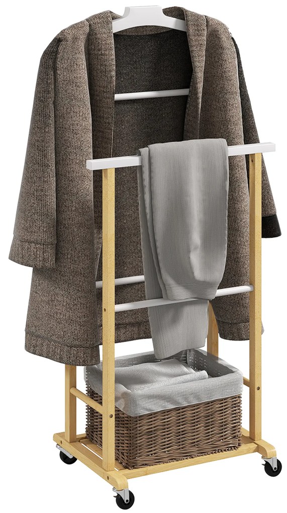 Cabide de Pé de Bambu com Rodas Cabide para Roupas com Barras para Calças e Prateleira Inferior para Sapatos Estilo Nórdico 47x33,7x105,5 cm Madeira e