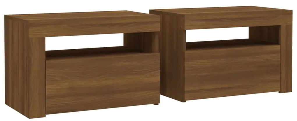 Mesas cabeceira c/ LEDs 2 pcs 60x35x40 cm carvalho castanho