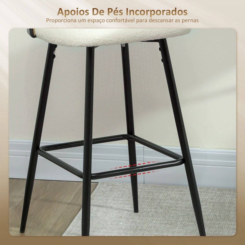 Conjunto de 2 Bancos de Bar Altos de Cozinha (MESA NÃO INCLUIDA) com Encosto de Vime Assento Estofado em Borrego 48x54x102 cm Creme