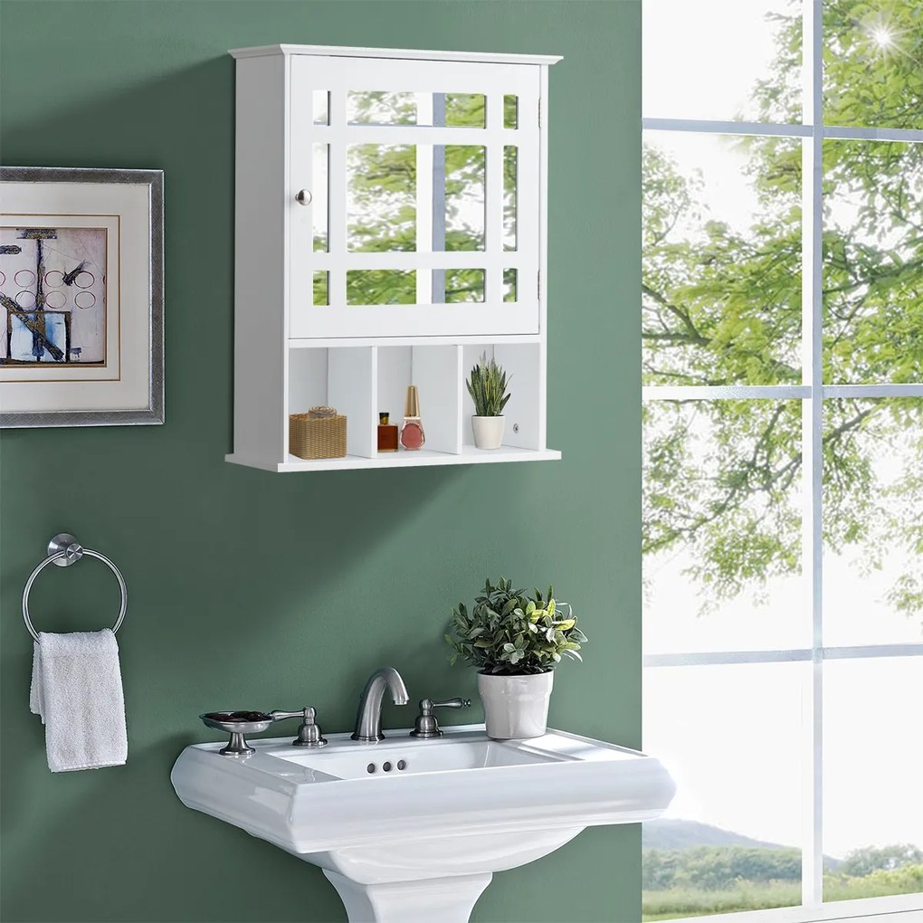 Armário de casa de banho com espelho de parede com porta e Estante Armário de arrumação  50 x 16 x 61 cm branco