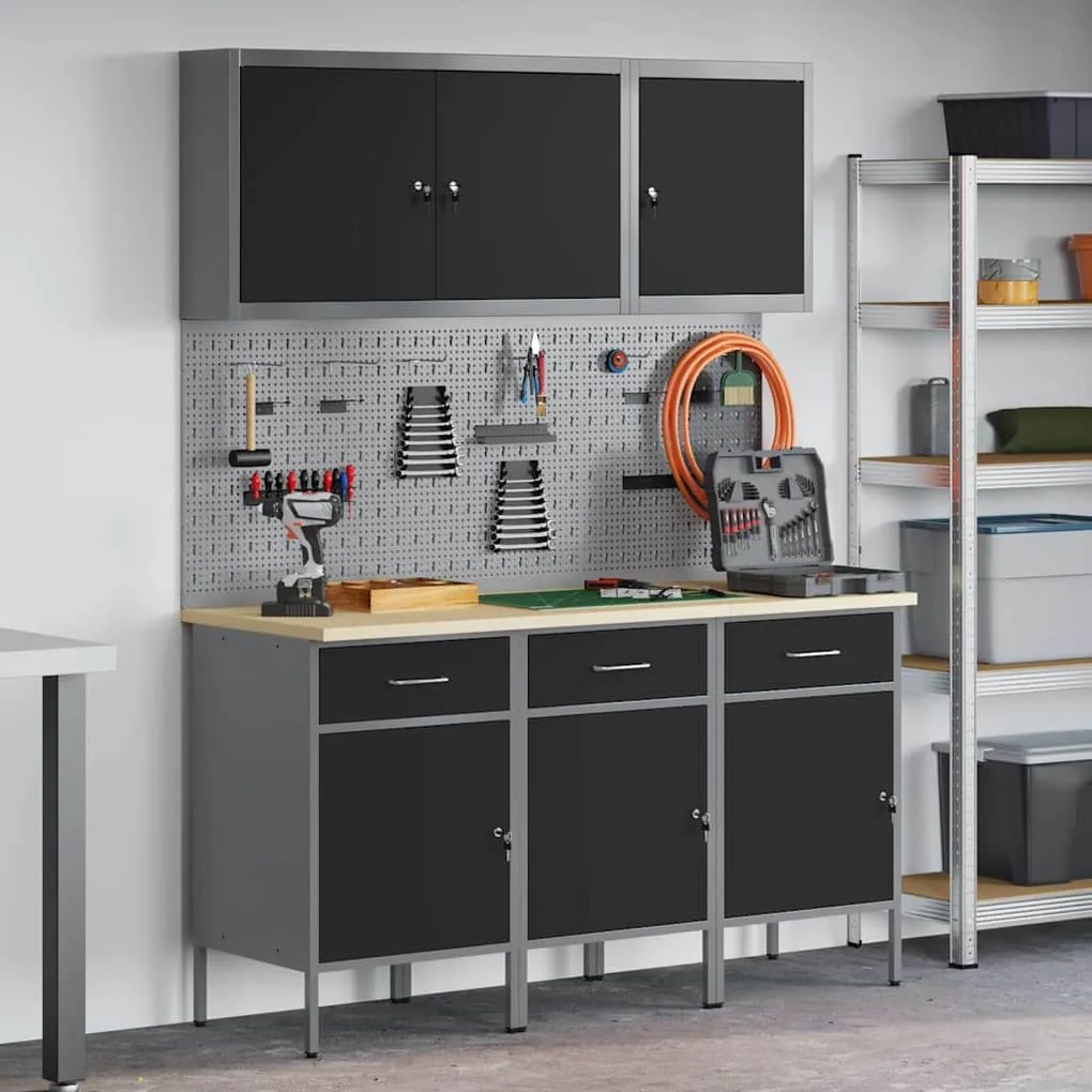 vidaXL Bancada de trabalho 8 pcs Preto 150 x 55 x 200 cm Aço