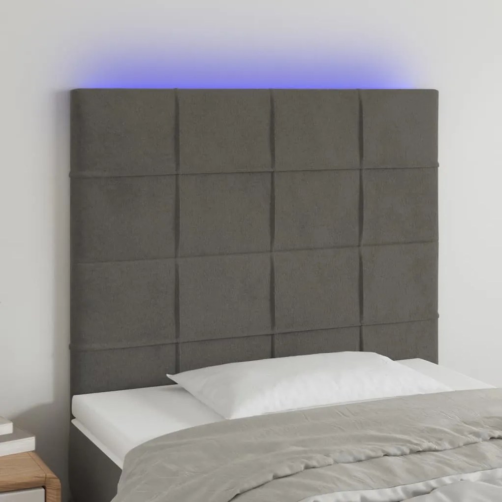 3122461 vidaXL Cabeceira de cama c/ LED veludo 90x5x118/128 cm cinza-escuro
