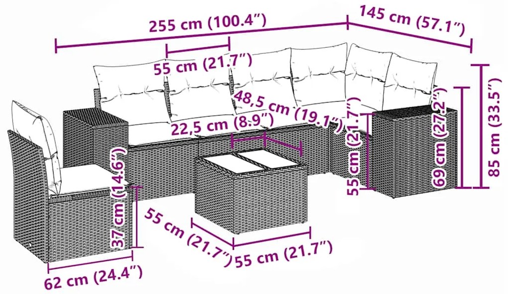 7 pcs conj. sofás jardim com almofadões vime PE cinzento-claro