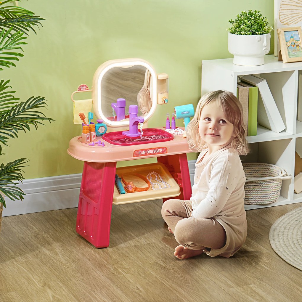 Conjunto de 23 Peças de Toucador Infantil, 55 x 29 x 71 cm, Espelho com Luz LED, Cor-de-Rosa