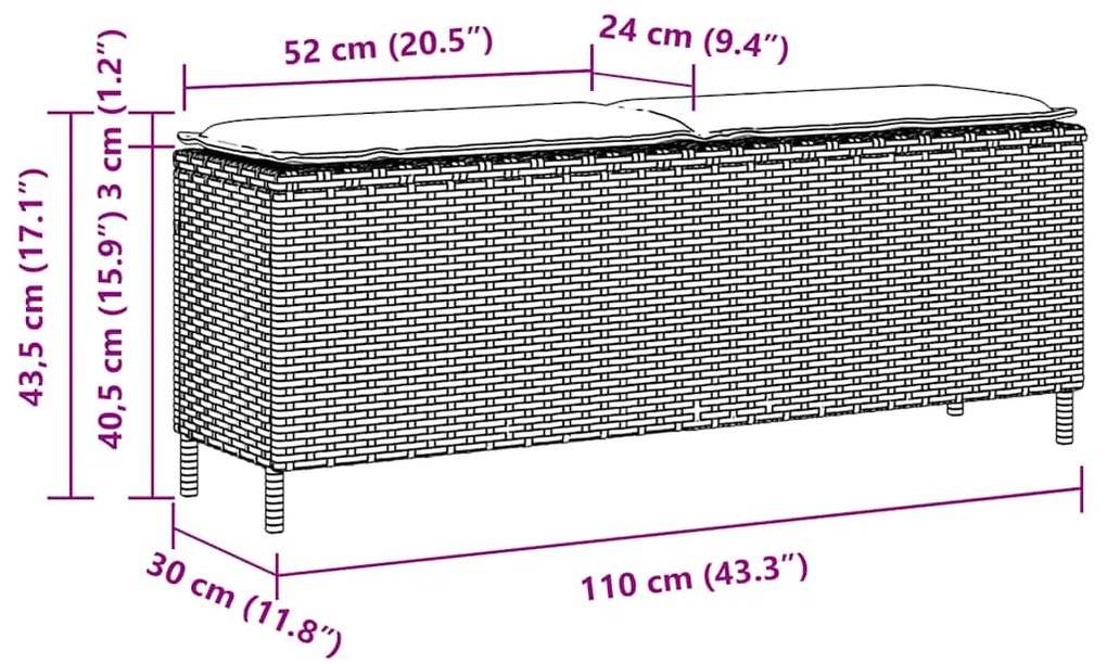 Banco de jardim com almofadão 110x30x40,5 cm vime PE castanho