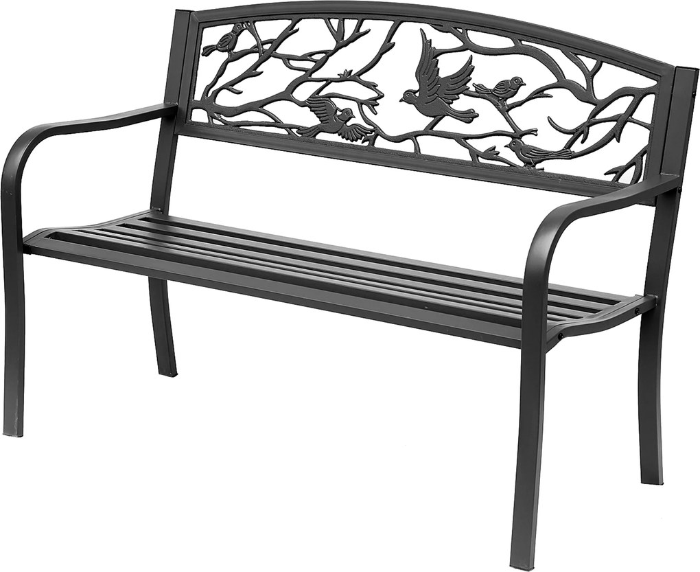 Banco de jardim de 3 lugares 127 x 60 x 85 cm, estilo rústico-chique, para varanda, terraço ou pátio, metal com revestimento epóxi anticorrosivo, pret