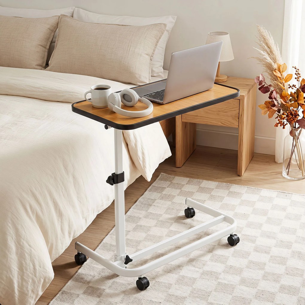 Mesa Auxiliar de Sofá em Forma de C, 80,5 x 40,5 x 73-94 cm, Altura Ajustável em 9 Níveis, Natural+Branco