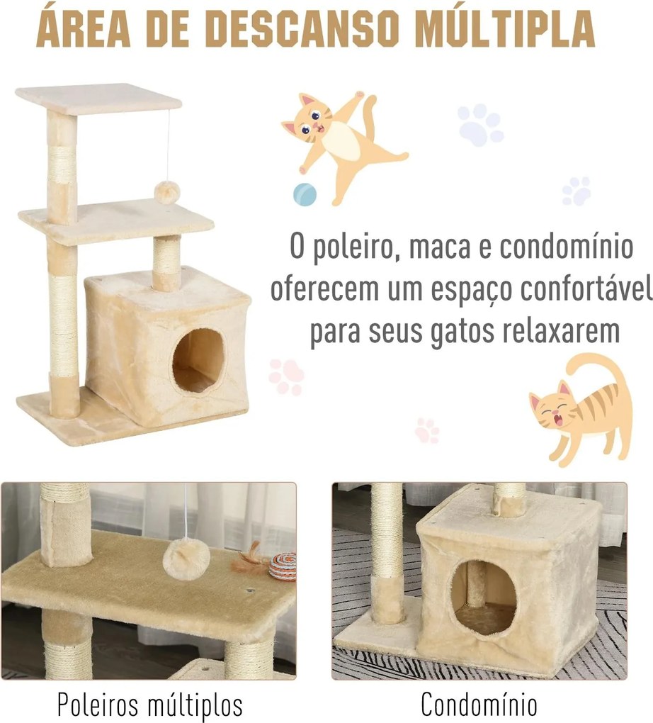 Arranhador para Gatos 50x30x81,5 cm Centro de Atividades para Gatos com Poste de Sisal Plataformas e Caverna Bege