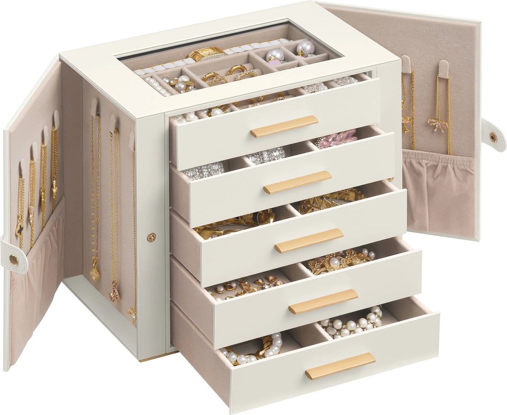 Caixa de joias com vários andares 26,1 x 15,6 x 22,2 cm, tampa de vidro e compartimento para colares branco creme e castanho claro