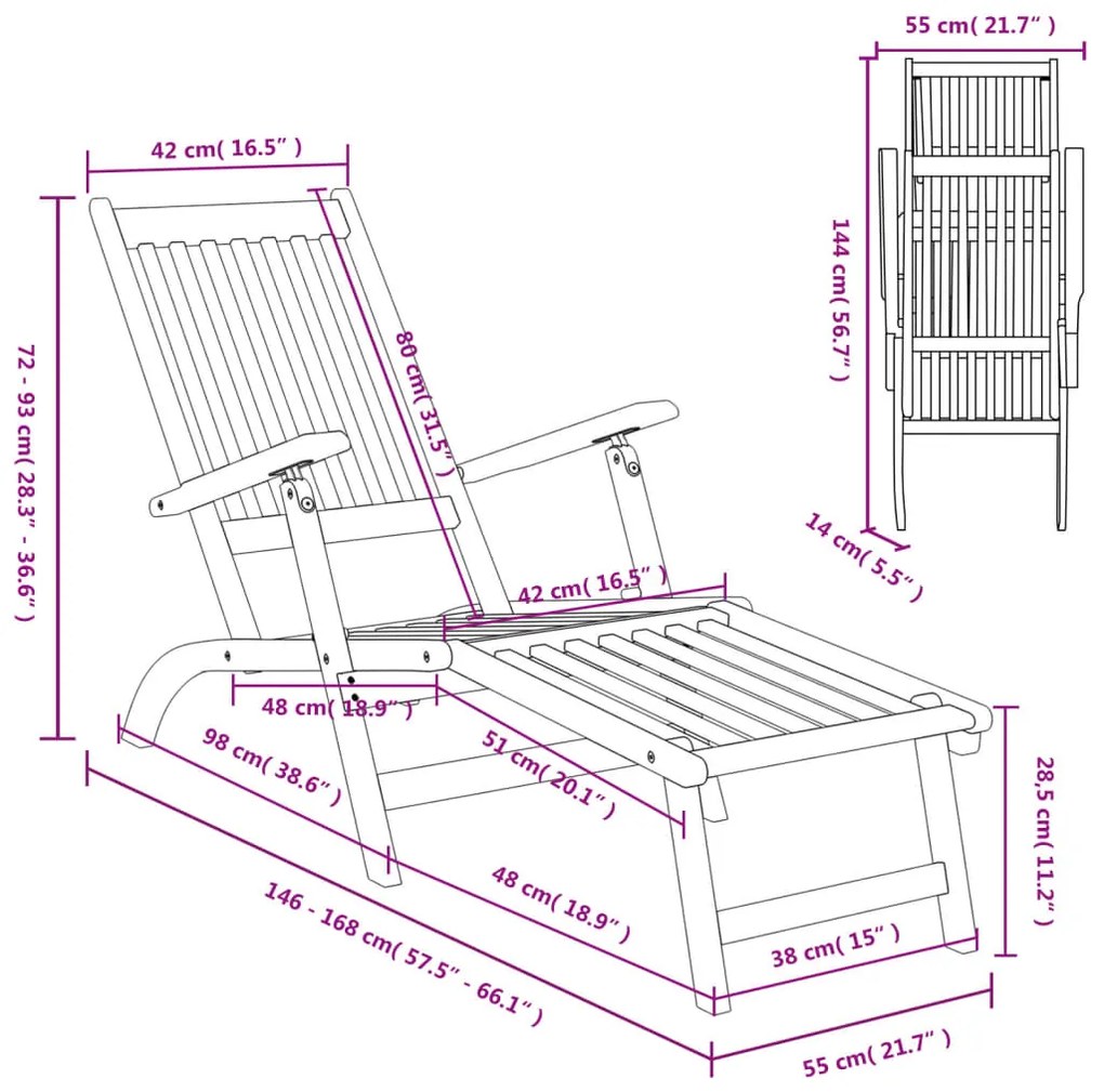 Espreguiçadeiras exterior c/ apoio pés/mesa 2 pcs acácia maciça