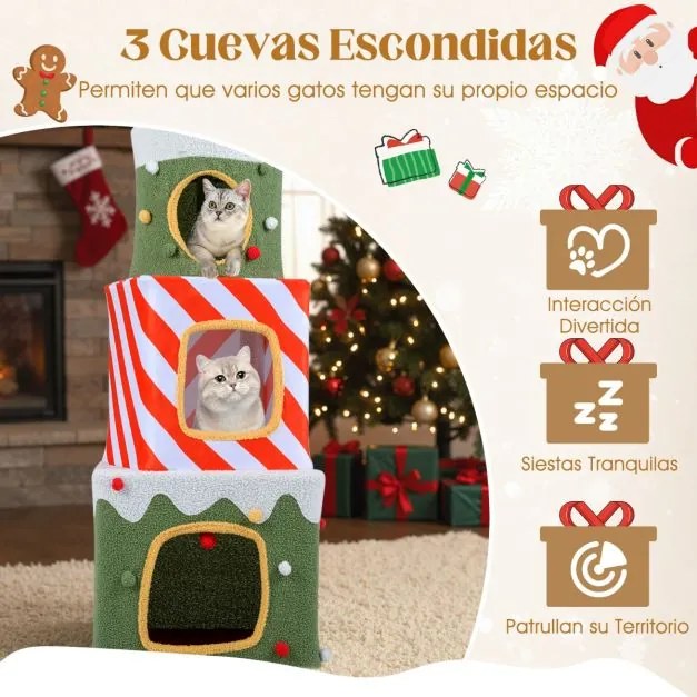 Arranhador de Natal para gatos de interior 49 x 49 x 120 cm com escalada para gatos com 3 casas e cavernas para se esconder Bola pendente verde