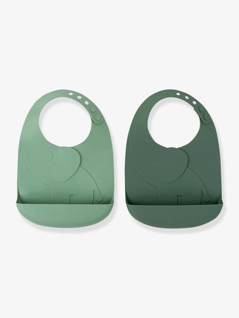 Lote de 2 babetes com recuperador DONE BY DEER Peekaboo, Elefante em silicone verde claro bicolor/multicolor