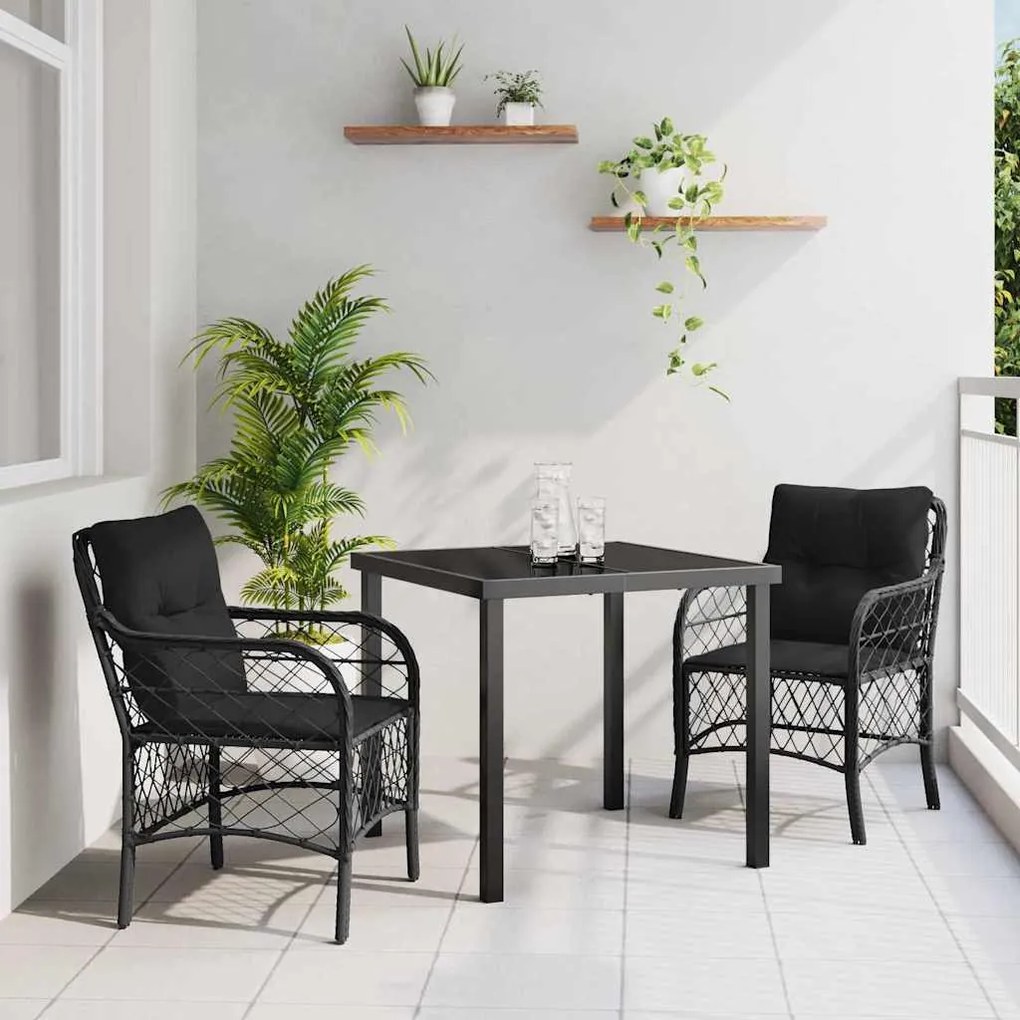 vidaXL Conjunto de Jantar de Jardim de 3 Peças da com Almofadas em Rattan Sintético Preto