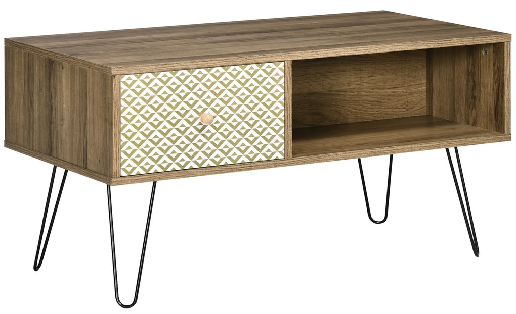 HOMCOM Mesa de Centro Estilo Boho com Gaveta Compartimentos de Armazenamento e Pés de Metal Elevados 60x45x46cm Madeira | Aosom Portugal