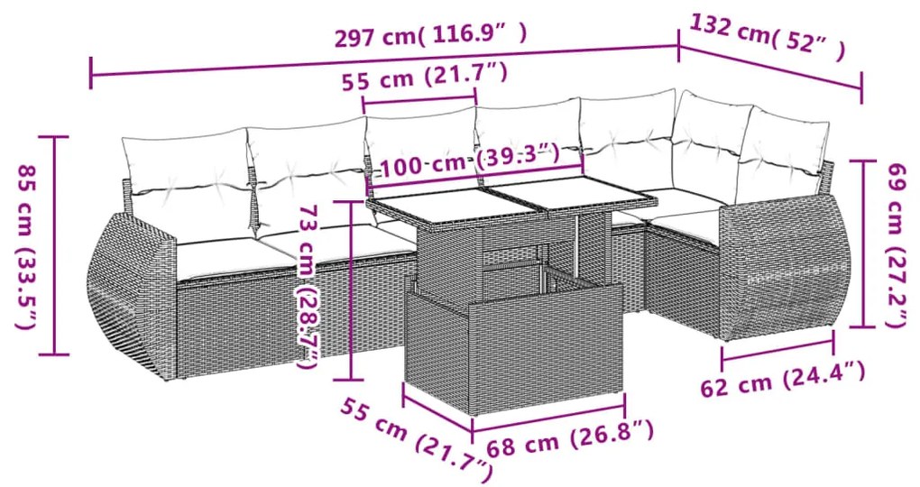 7 pcs conjunto de sofás p/ jardim com almofadões vime PE bege