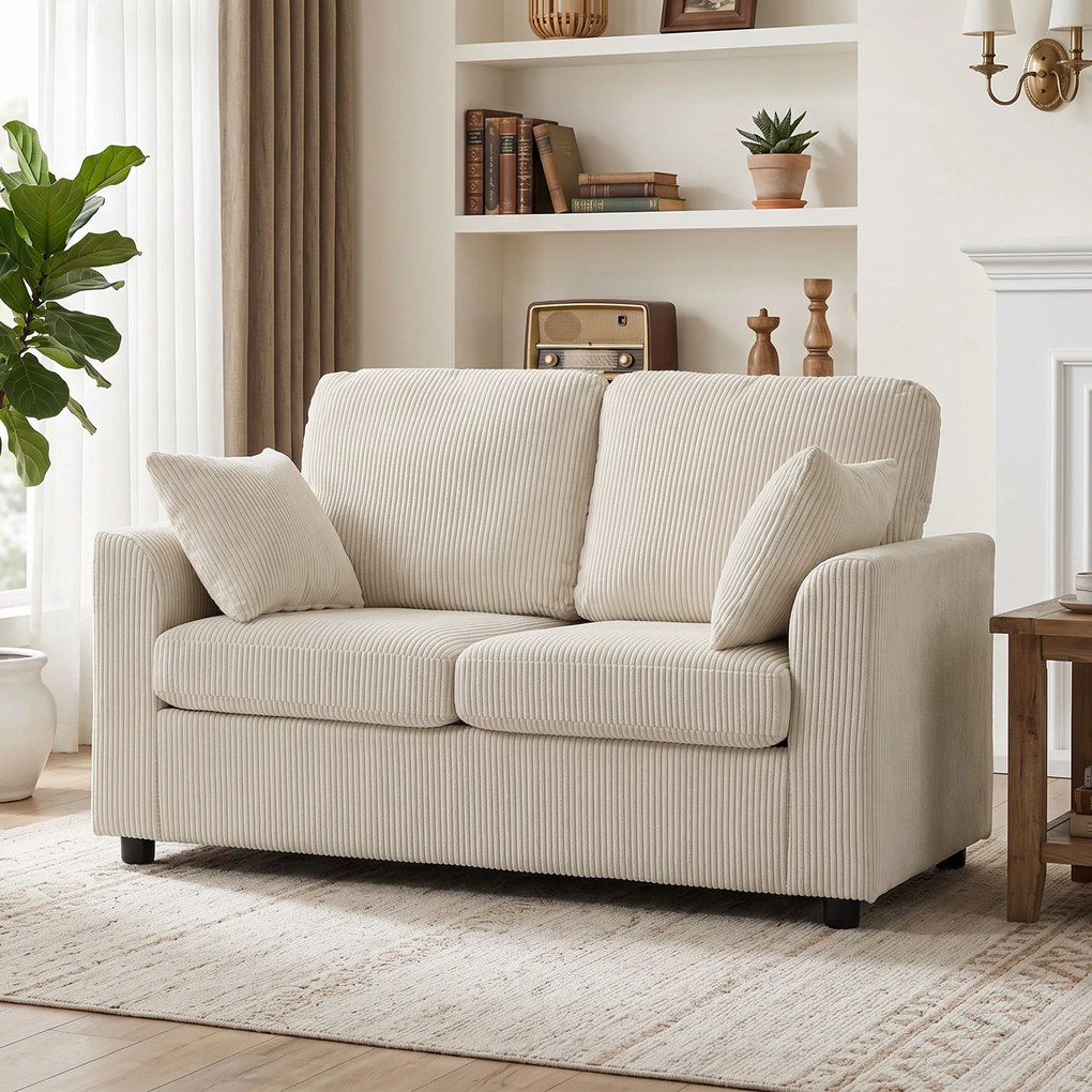 Sofá de 2 lugares pequeno 144 L x 76 P x 89 A cm em veludo canelado, sofá de sala de 144 cm com assento largo estofado, 2 almofadas, bege