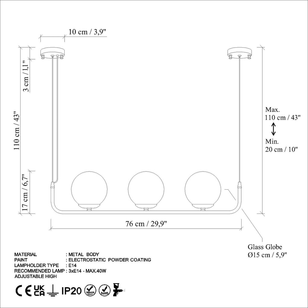 Chandelier Faruk – Branco – Diâmetro Cap: 15 cm (3 Peças), Comprimento