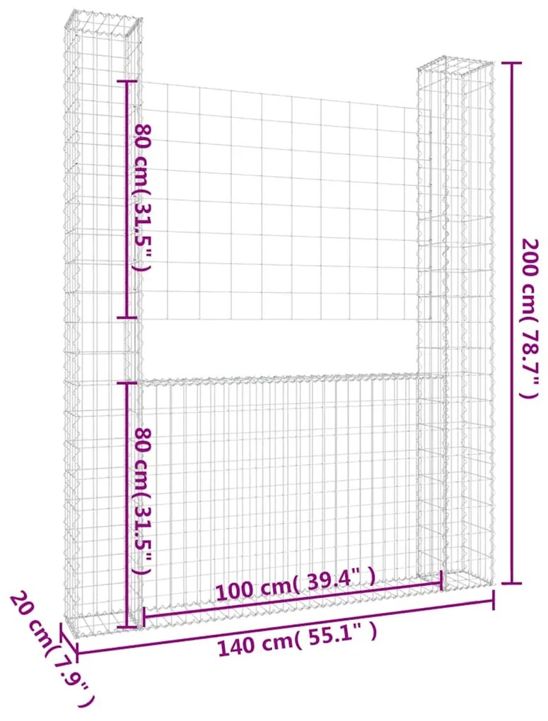 Cesto gabião em forma de U c/ 2 postes 140x20x200 cm ferro