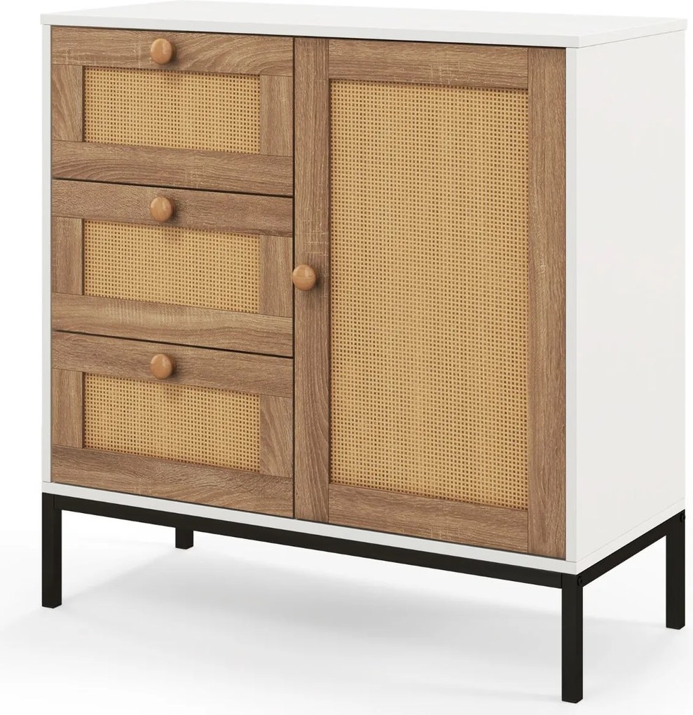 Aparador Aljezur com Frente em Rattan – 80x35x80,5 cm – Branco e Natur