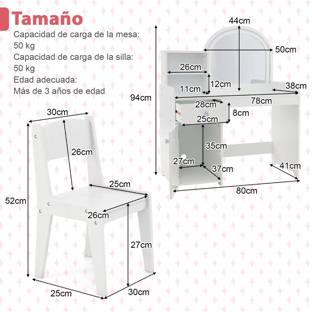 Conjunto de Toucador e Cadeira para Crianças a partir dos 3 anos com Estantes Armário com Gavetas 2 Cores Luzes LED Espelho em Acrílico Blanco