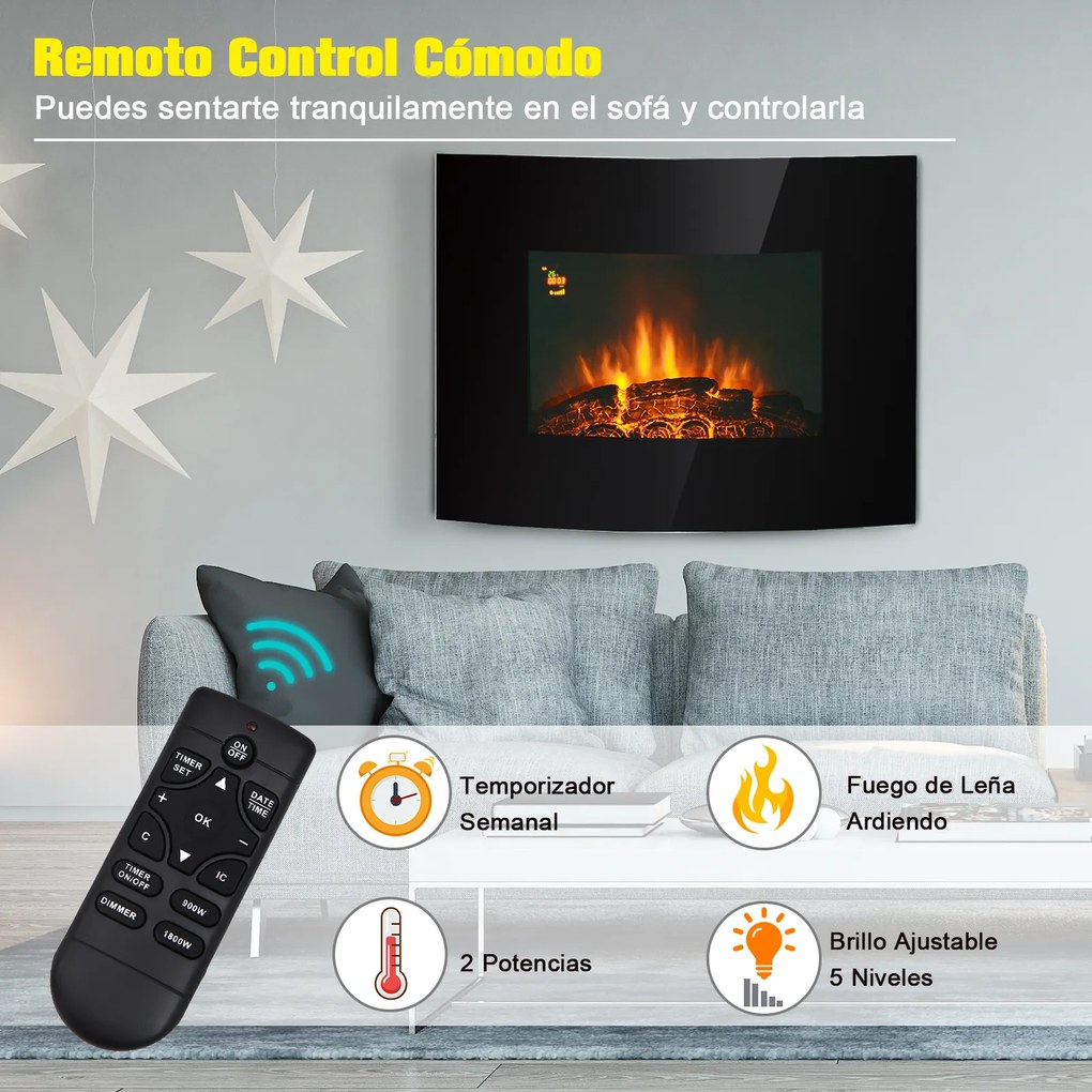 HomCom® Lareira Eléctrica tipo Aquecedor de parede 900W/1800W – 65x11.4x52cm