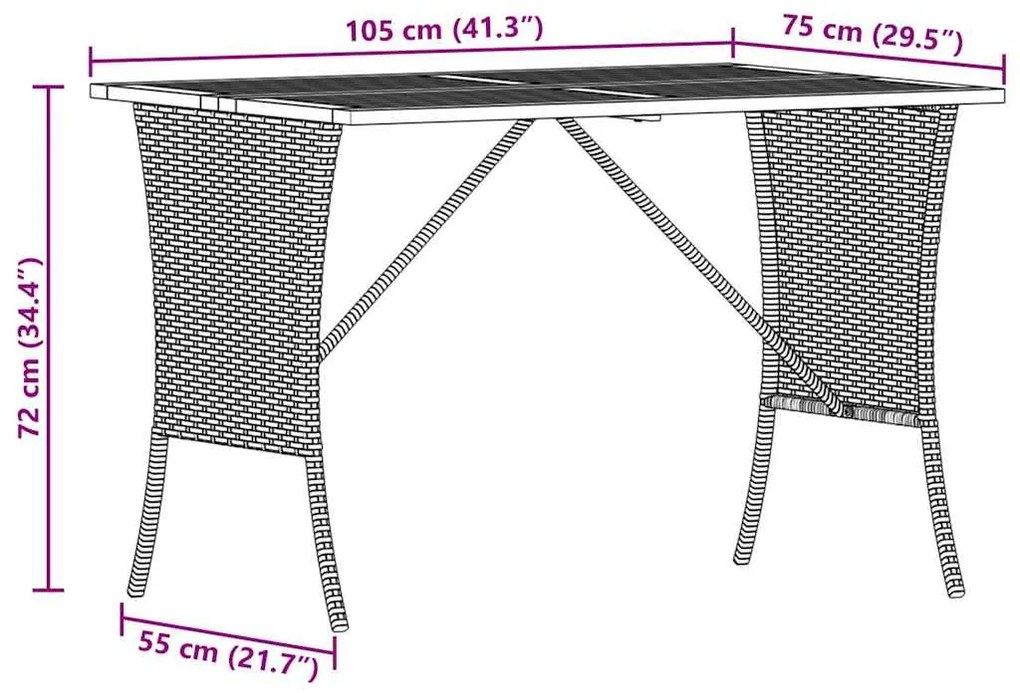 Mesa de jardim com tampo em acácia 105x75x72 cm vime PE cinza