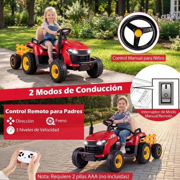 Trator elétrico de 24 V, trator infantil com reboque rebatível e removível, controlo remoto, música e faróis LED, a partir dos 3 anos, vermelho