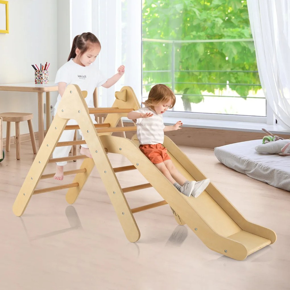 Conjunto de escalada triangular 2 em 1 com escorrega ajustável para interior e exterior brinquedo de madeira para crianças de 1 ano ou mais Natural