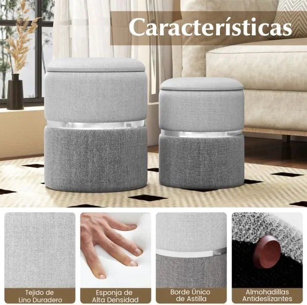 Conjunto de 2 Pufes Redondos com Armazenamento Estofados com Aro de Aço Inoxidável Dourado Cinza