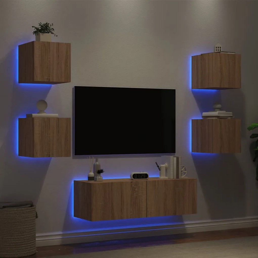 5 pcs móveis de parede para TV com luzes LED carvalho sonoma