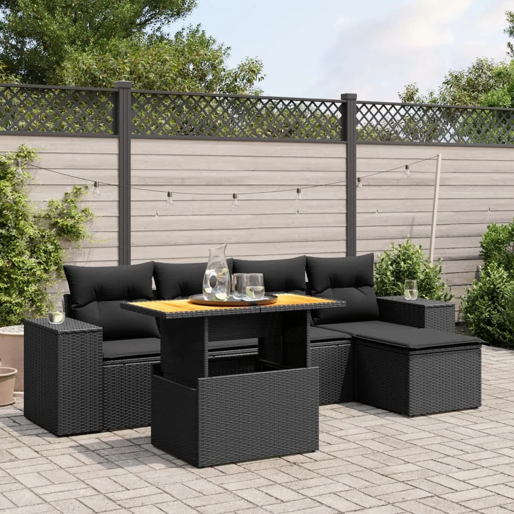 6 pcs conjunto sofás de jardim c/ almofadões vime PE preto