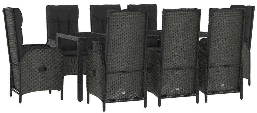 9 pcs conjunto jantar jardim c/ almofadões vime PE preto/cinza