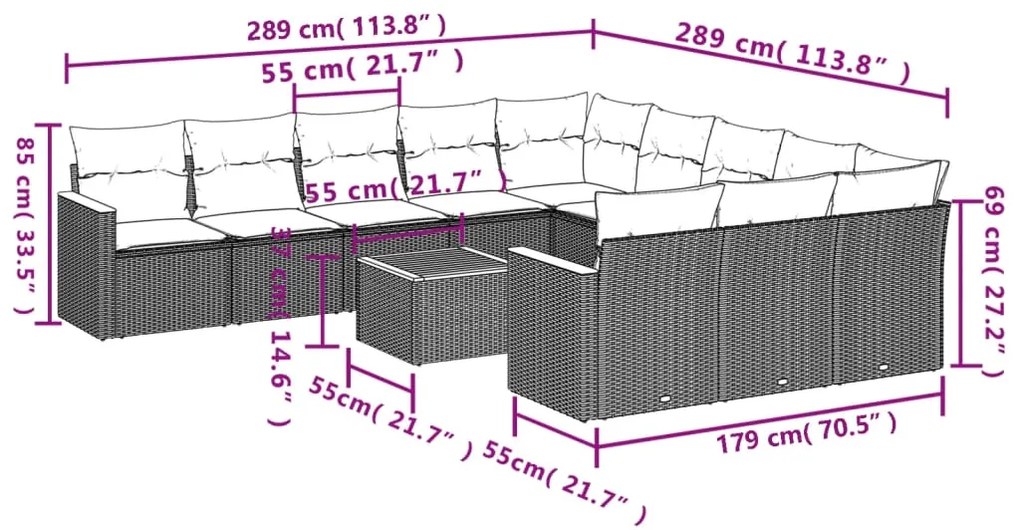 12 pcs conjunto de sofás de jardim c/ almofadões vime PE preto