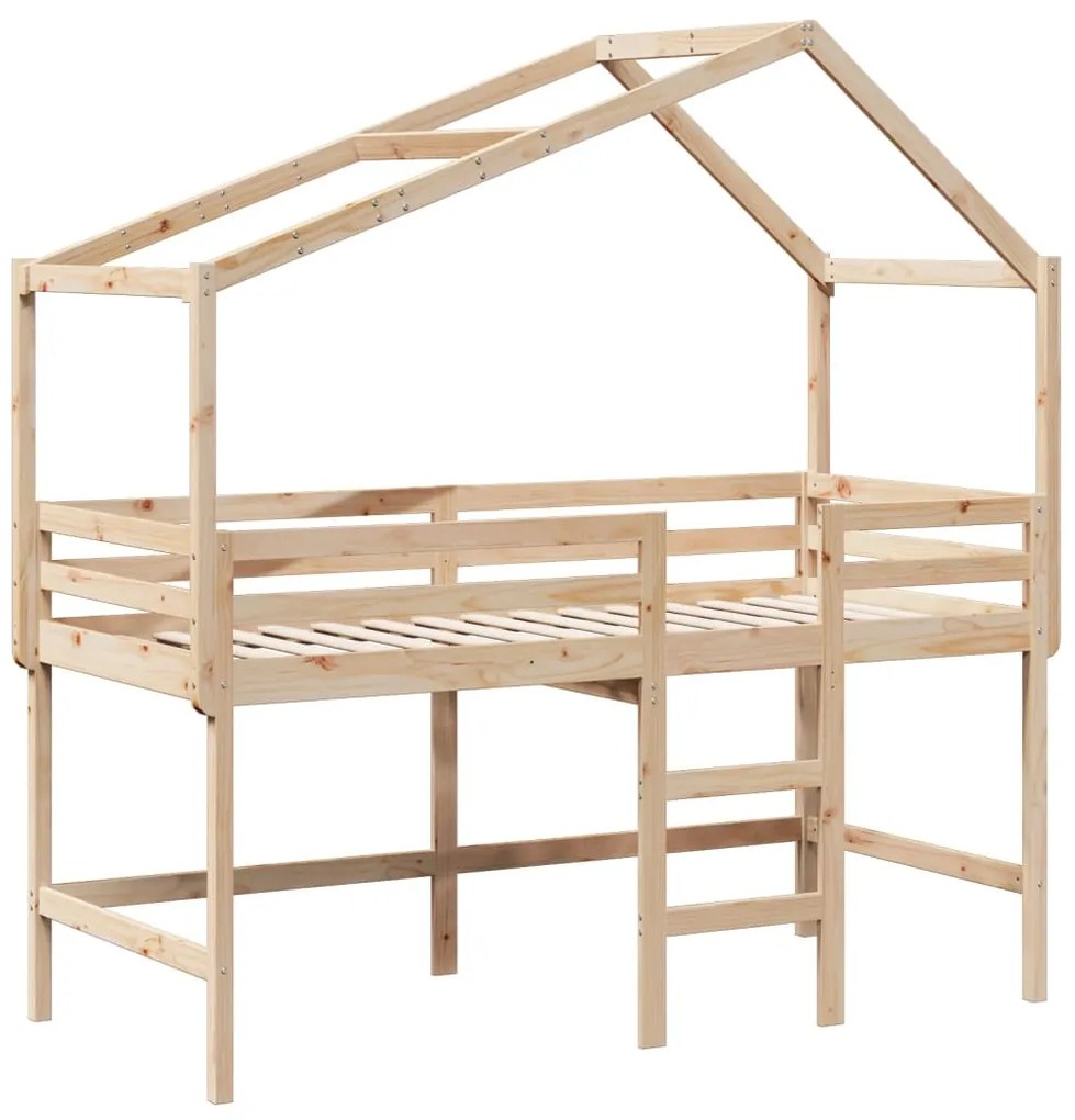Cama alta c/ escada e telhado 90x200 cm pinho maciço