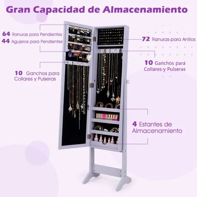 Armário Joias com Espelho de Corpo Inteiro e 3 Ângulos Reguláveis Organizador de Jóias 2 em 1 35 x 30 x 144 cm Violeta