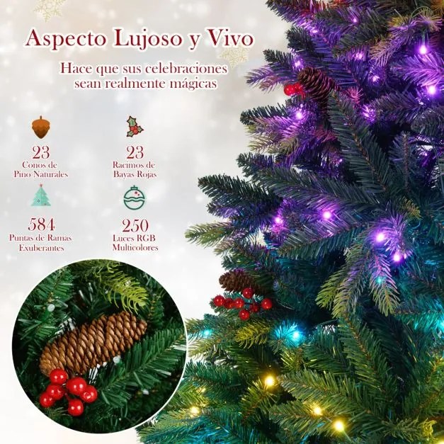 Árvore de Natal artificial pré-iluminada de 150 cm com comando remoto 250 luzes RGB multicoloridas controladas por APP 584 pontas de ramos Verde