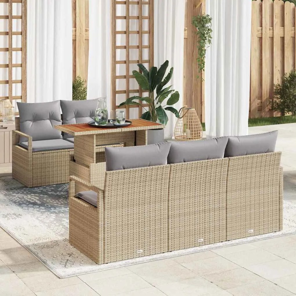 vidaXL Conjunto de Sofá de Jardim 6 Peças com Almofadas Bege em Rattan Sintético e Acácia