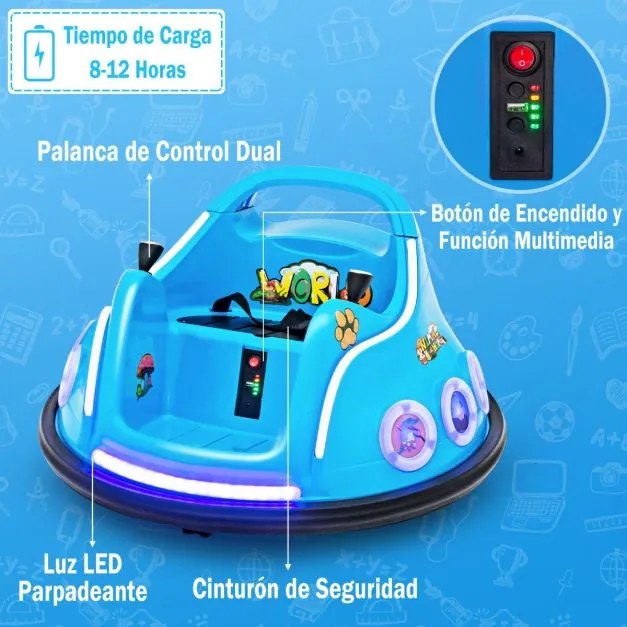 Carrinho de choques para crianças 12V com rotação de 360°, Luzes, controlo remoto, Música  73 x 73 x 43cm Azul